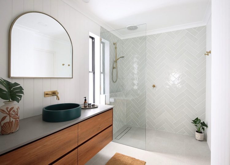 Modern bathroom renovation in a New England NSW heritage home with timber vanity